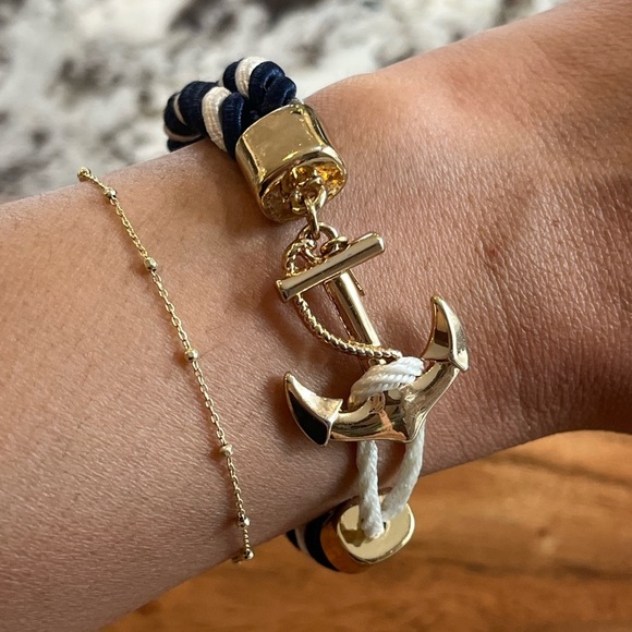 Gold Anchor Bracelet with Navy and White Cord - Picture 1 of 3